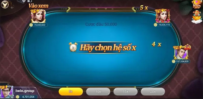Người chơi tại Poker Bull Iwin được lựa chọn hệ số cược để giành làm cái